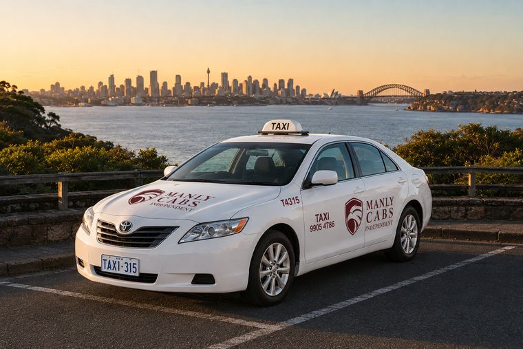 Manly Cabs Independent Toyota Camry sedan taxi with Sydney Harbour in the background